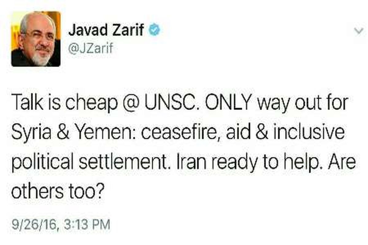 پیام توئیتری ظریف درباره سوریه و یمن