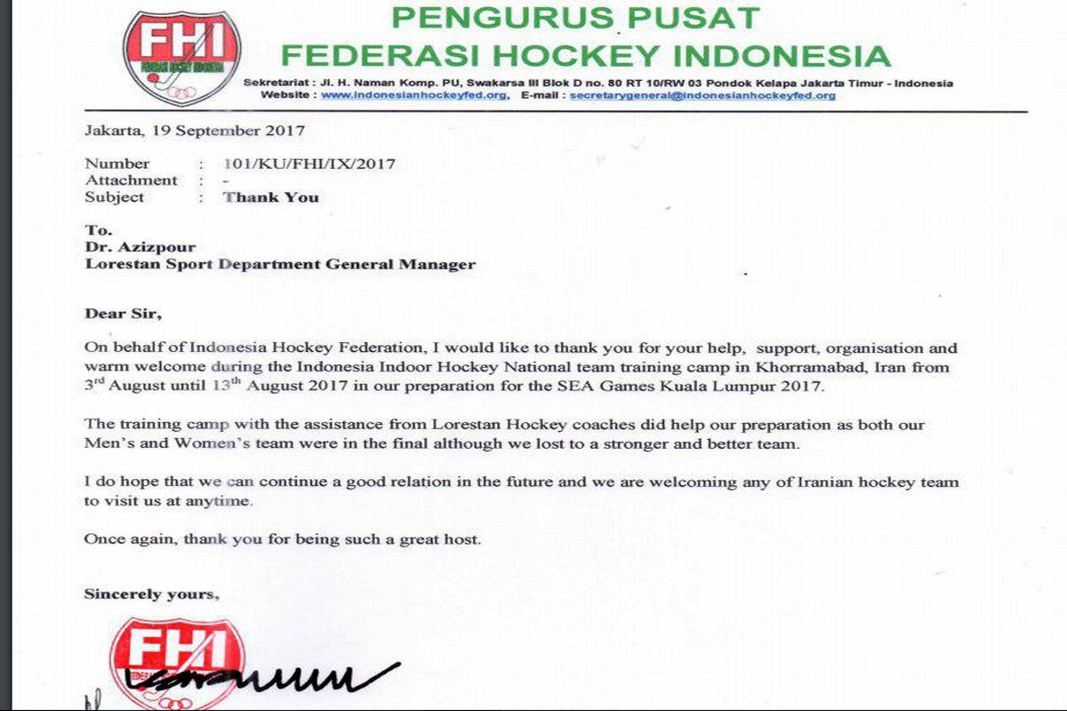 تقدیر وتشکر فدراسیون هاکی اندونزی از مدیرکل ورزش و جوانان لرستان