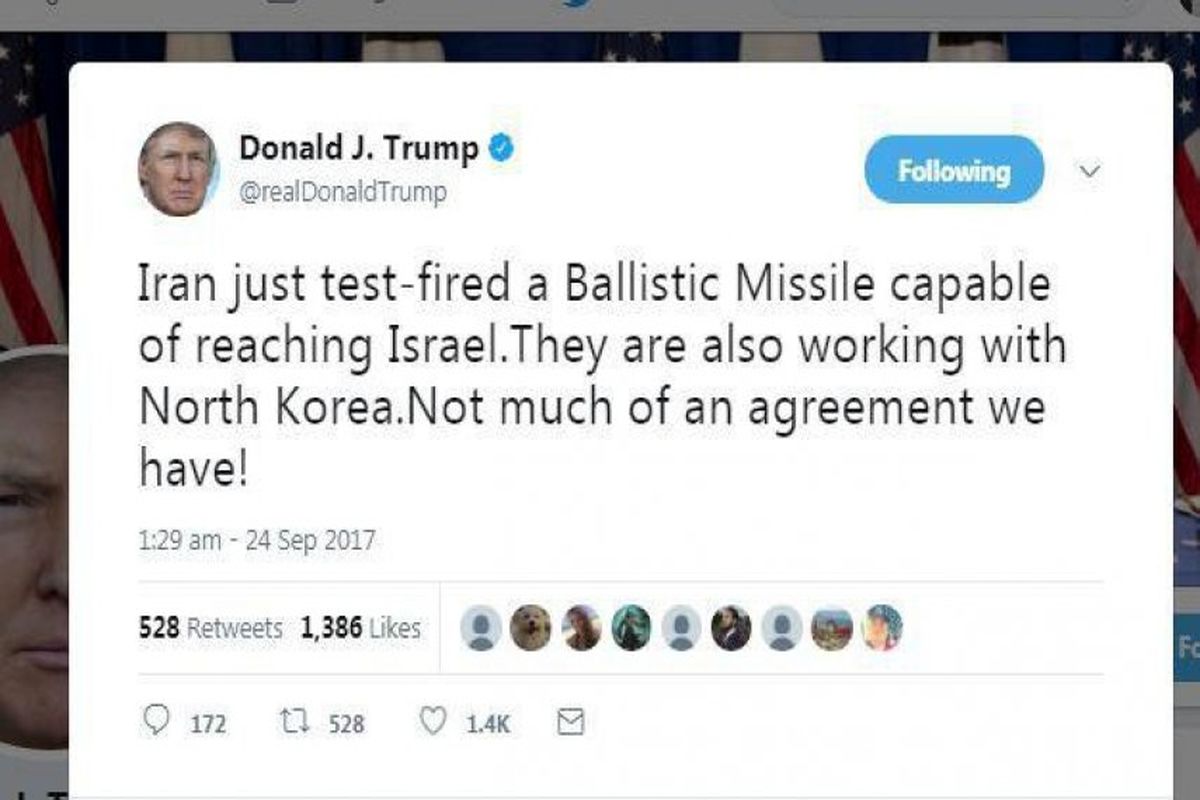 توئیت ترامپ در ارتباط با آزمایش موشکی ایران