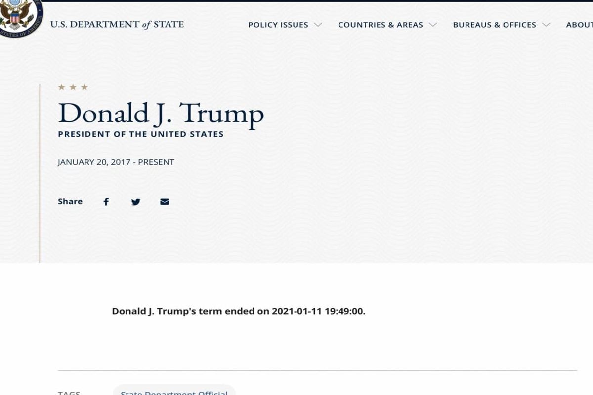 صفحه وبگاه وزارت خارجه آمریکا پایان دوران ریاست‌جمهوری ترامپ را اعلام کرد
