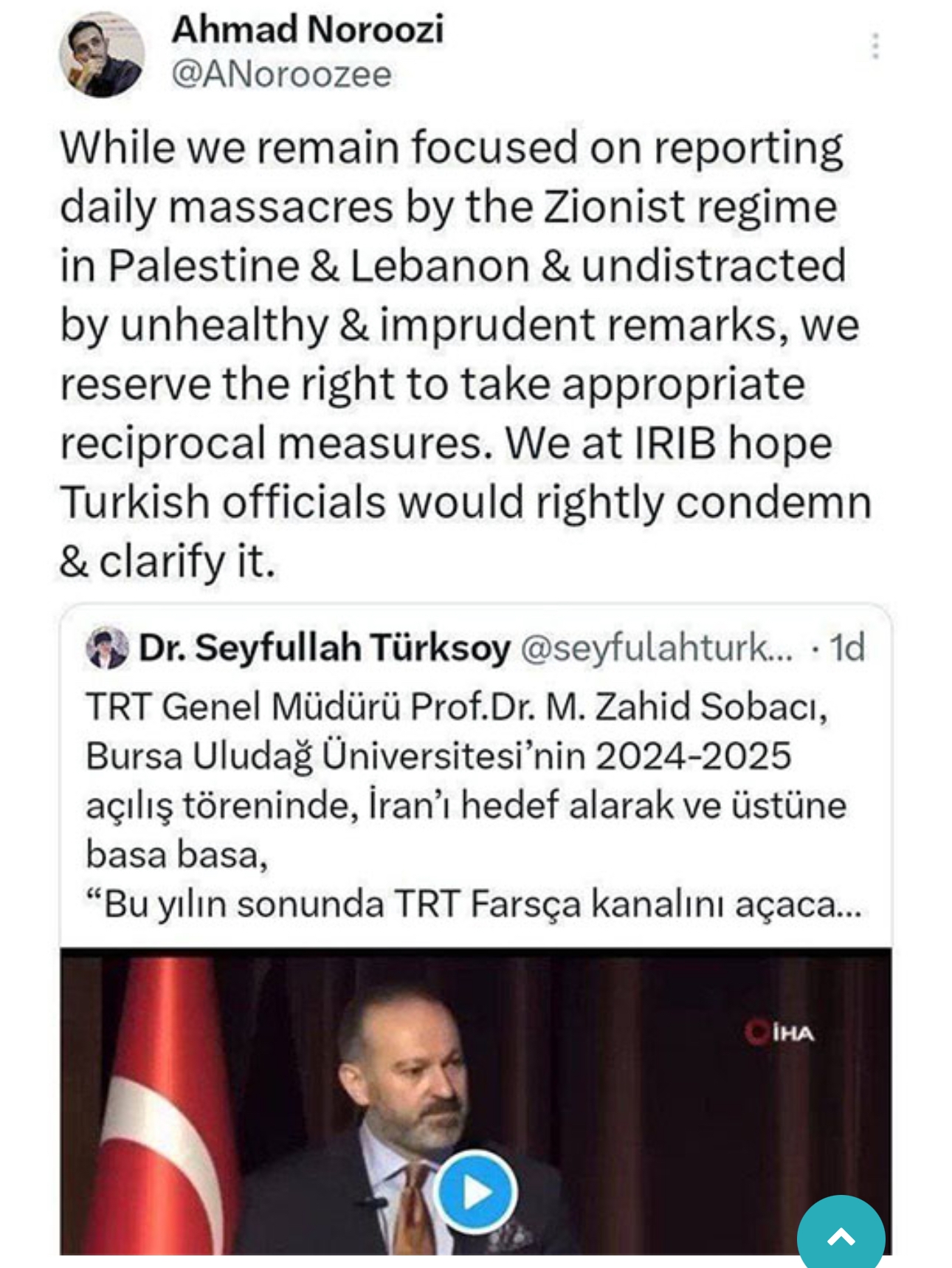 واکنش احمد نوروزی به اظهارات مدیر رادیو تلویزیون‌های تی آر تی ترکیه