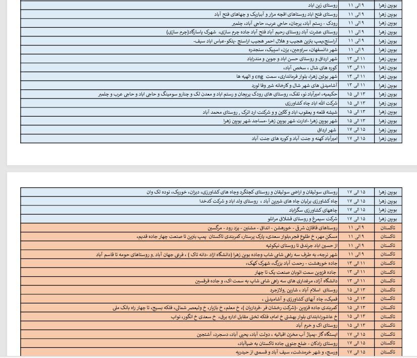 جدول خاموشی های روز دوشنبه در استان قزوین اعلام شد
