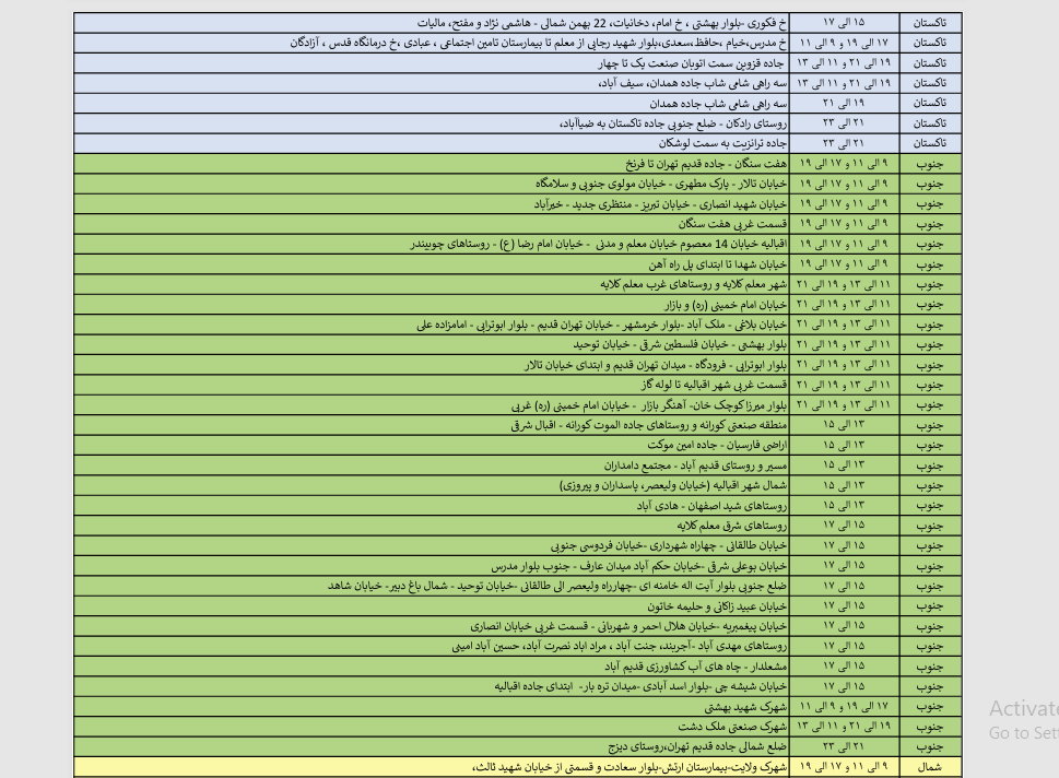 جدول خاموشی احتمالی برق در قزوین در روز جمعه 31 مرداد ماه اعلام شد جدول خاموشی احتمالی برق در قزوین در روز جمعه 31 مرداد ماه اعلام شد