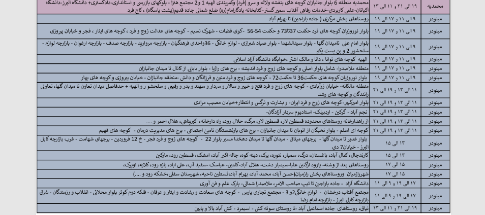 جدول خاموشی احتمالی برق در قزوین در روز جمعه 31 مرداد ماه اعلام شد جدول خاموشی احتمالی برق در قزوین در روز جمعه 31 مرداد ماه اعلام شد